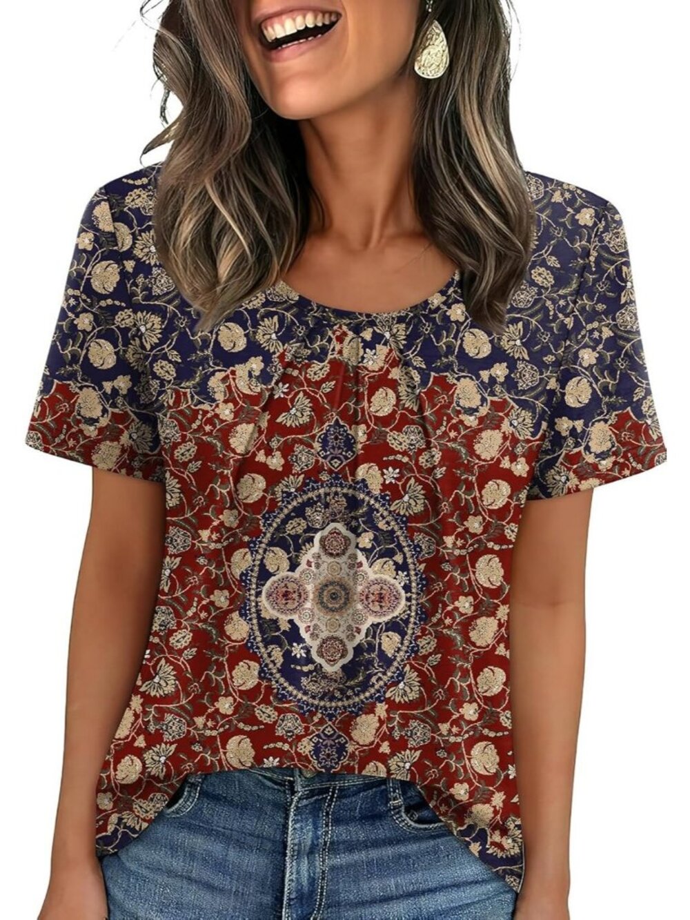 Women's Boho Print Floral Pleated Blouse Short Sleeve Casual Summer Tunic Top